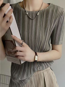 High-End Slim Fit Elastic round Neck Short Sleeve T-Shirt Hollow out Design Fashionable Age-Defying Versatile Summer Top