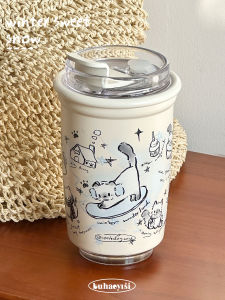 Original Hand-Drawn Cute Snowman Cat 304 Stainless Steel Insulated Water Bottle Straw Cup Korean Style Bloggers Universal Cartoon