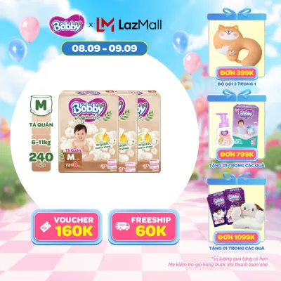 [20h 8-11.9 QUÀ TO][COMBO 3] [TẶNG KÈM 8 MIẾNG] Tã quần cao cấp Bobby Organic chăm sóc dịu nhẹ từ thiên nhiên M72