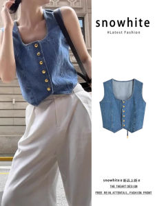 Blue U-Neck Sleeveless Denim Vest Jacket Womens Summer Classic Style Short Cover-up Suit Vest Outerwear Top