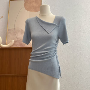 French Elegant Short Sleeve Knitted Top Women Spring Summer Slim Fit Base Shirt Unique Exquisite Uneven Korean Style Commute