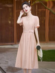Elegant V-neck Tencel Dress Womens Summer New Style Pleated Slimming High Waist A-line Pink Skirt Korean Style Commute