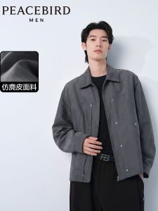 Peacebird Mens Retro Suede Jacket Casual Collar Administrative Style Fashion Outerwear Spring Autumn Loose Fit Multpocket