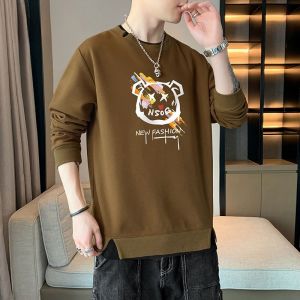 ROMON | Loose Long Sleeve Round Neck Mens Hoodie Fake Two-Piece Casual Comfortable Breathable Antibacterial Printed T-Shirt Top