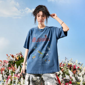 American Retro Washed Out Dog Pattern Graffiti Letter Short Sleeve T-shirt