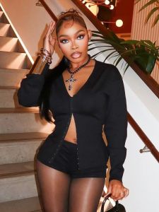 Womens Waist Cinched Three Part Long Sleeve Top And Three Quarter Length Pants Outfit mid Low Waist Straight Leg PVC Casual Pants