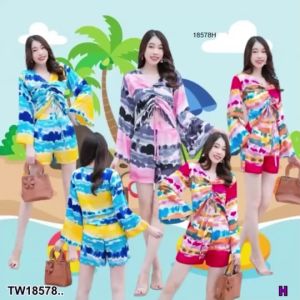 eng "Set 2 ชิ้น เสื้อมัดย้อมแขนกระดิ่งรูดย่นด้านหน้า + กางเกงขาสั้น