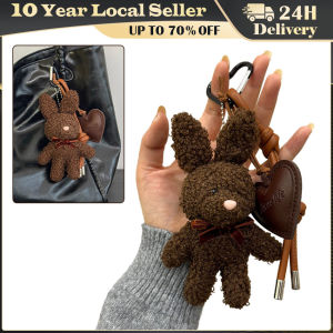 Cute Plush Bunny Keychain Cartoon Doll Kawaii Leather Heart Pendant Bag Charm Couples