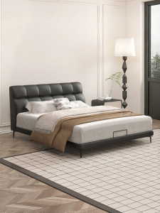 Airland | Genuine Leather Double Bed Black Minimalist First Layer Cowhide Soft Package Furniture