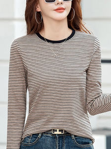 Slimming Stripe Pure Cotton Long Sleeve T-Shirt: A Must-Have for Women's Spring & Autumn Wardrobe