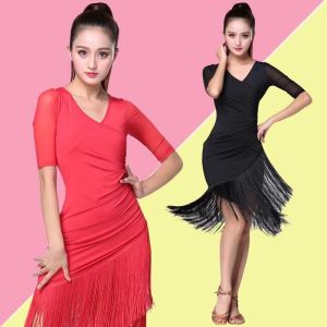 Tassel Latin dance dress adult women dance Latin black red dance training dress Rumba dance dress