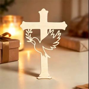 6Pcs Wooden Cross Shape Peace Dove Cross Cutout Photobooth Props Wood Cross with Base Classic Baptism Decorations