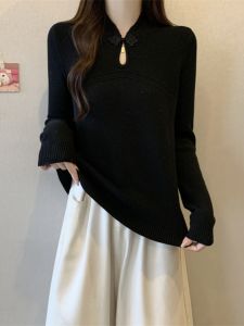 Thickened Chinese Style Knitted Sweater Womens Autumn Winter Inner Wear Fleece Lined Large Size Base Shirt Top Straight Cut