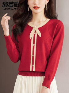 เสื้อสเวตเตอร์ถักสีแดง คอกลม สำหรับผู้หญิง ฤดูใบไม้ร่วง 2025 เสื้อชั้นในถักแบบใหม่ ดีไซน์สีบล็อก คอกลม แฟชั่น