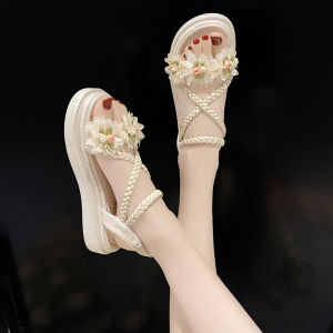 Flat Bottom Pearl Flower Sandals for Women 2024 New Arrival Summer Little Fresh Young Adult with Skirt Beach Roman Style Shoes