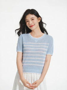 Hotwind | Striped Crew Neck Bow Embroidery Knit Top