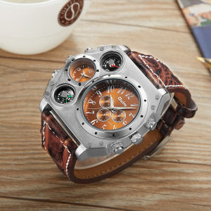 Oulm Original 1349 Men Sport Watch Large Dial Big Size Male Quartz Clock Decorative Compass Two Time Zone Military Watches