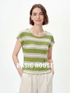 Basic House | Green Stripe Knitted Short Sleeve Blouse Loose Light Autumn
