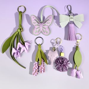 Purple Butterfly & Flower Keychain Charm Set Cute PU Leather Floral Bag Accessories for Purple Lovers/Realistic Bloom/Good Gift