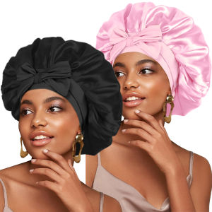 2PCS/LOT New Women  Solid Large Satin Bonnet Silky Night Sleeping Cap with Stretchy Tie Band Shower Cap