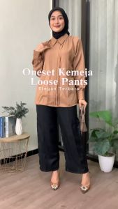 Zura Baju One Set Kemeja Pleats Blouse Dan Celana Panjang Loose Pants Wanita Casual Simpel Elegan