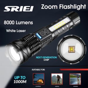SRIEI 80000LM Super Bright LED Flashlight Waterproof Zoom Torchlight Rechargeable Light with COB Side Lights 7 Modes Lampu Suluh White Laser Light 手电筒