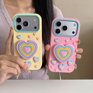 EOENKK | INS Y2K Heart Mirror Makeup Phone Case For iPhone 12 13 14 15 16 17 Pro Max Plus 16e 17e Silicone Love Heart Holder Back Cover