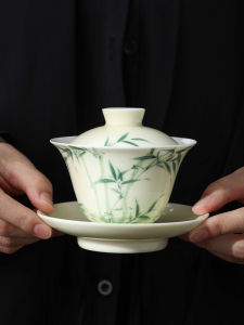 Hand-Painted Green Bamboo Glazed Tea Cup with Lid High-End Ceramic Bowl for Brewing Tea Three-Piece Set White Porcelain