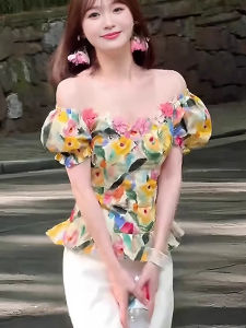 chaqi | French Unique Beautiful Tea Scents Elegant Yellow Bubble Sleeve Printed Shirt Women Summer Fashion Sweet Style Casual Wear