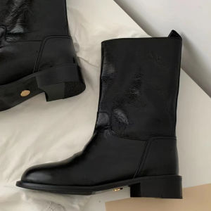 Handmade เกาหลี ผู้หญิง Faux หนัง Western Knight รองเท้าบูทสั้นทรงกระบอกกันน้ํายาง Sole รอบหัว ถุงเท้าถึงกลางน่อง รองเท้าบูท