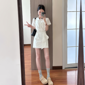 XIAOQIAOJIA | French Elegant White Hollow Out Shirt Dress Womens Summer High Waist Slim Fit A-Line Short Skirt Two-Piece Set Polo Collar