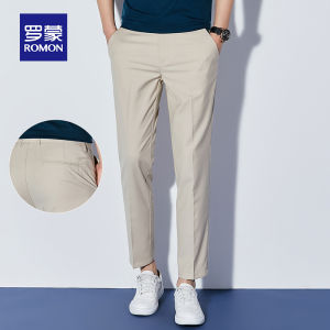 Lormen Mens Casual Pants Summer Thin Straight Leg Trendy Business West Pants Elastic Pure Cotton Nine-Point Pants