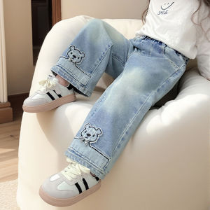 Spring Autumn Wide Leg Jeans Baby Girls Loose Fashionable Straight Cut Pants Comfortable Cotton Trousers for Kids