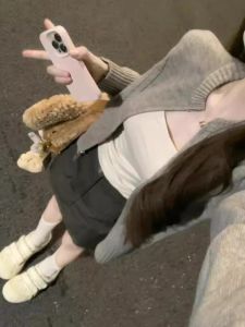 Gray Knitted Sweater Coat Loose Lazy Style Womens Spring Autumn Short Outerwear Comfortable Breathable Warmth Pure Color