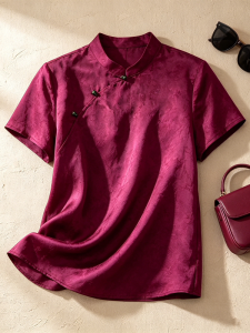 XMO | Áo Sơ Mi Cheongsam Phong Cách Mùa Hè Tay Ngắn Thêu Yunsha Đỏ Elegance