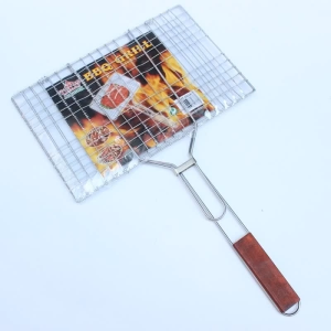 BBQ Fish Griller Barbeque Stainless Steel Basket Mesh Clip with Wood Handle Food Holder Grilling Basket