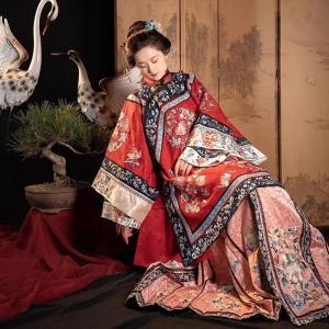 HuaYueYao Two-Piece Set Vintage Style Heavy Embroidery Print Wide Sleeve Antique Womens Hanfu Clothing Horse Face Skirt