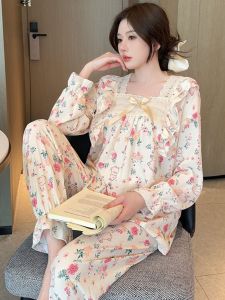 2025 New Womens Sleepwear Long Sleeve Taffeta Cotton Spring Autumn Princess Style Home Clothes Set Can Be Worn outside