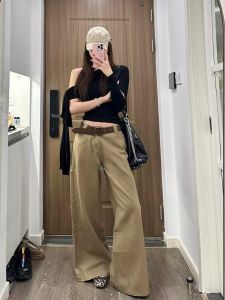 High Waist Wide Leg Brown Denim Jeans Womens Loose Fit Floor-Length Trousers American Style Casual Washed out Jeans