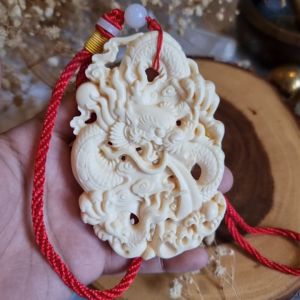 Dragon Double Sided Ivory Nut Carving Hanging Charm Ornament - 2024 Year of The Wood Dragon Fengshui