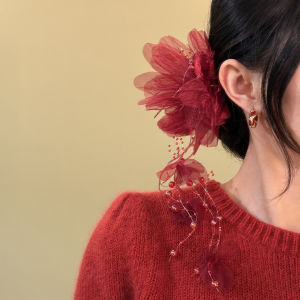 New Chinese Style Red Flower Tassel Hair Clip Side Clip Wedding Celebration New Year Festive Hair Accessories Hair Decorations