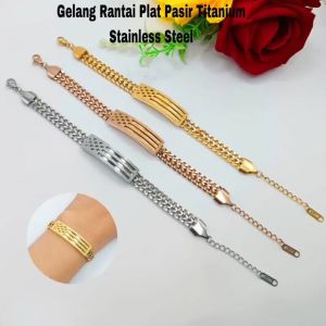 Gelang Tangan Rantai Plat Pasir dan Permata Titanium
