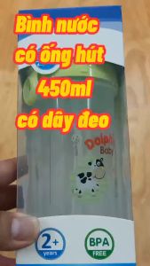 Bình nước cho bé bình nước có ống hút 450ml Dophin bình nước cho học sinh bình nước có dây đeo cho bé đi học (tặng kèm cây cọ súc rửa ống hút)