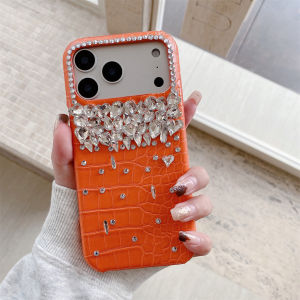 szhaiyu | Orange Leather Glitter Diamond Phone Case for IPhone Air 17 16 Plus 12 13 14 15 Pro Max Luxury Bling Rhinestone Protective Cover