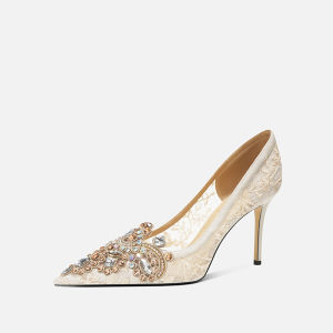 Elegant Chinese Style Summer New Wedding Dress High Heels Breathable Netting Rhinestone Leather Shoes Versatile Wedding Footwear