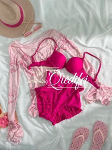 Sweet Young Adult Beach Vacation Ins Bikini Pink Small Chest Push-up Blouse Sun Protection Flab Hiding Swimsuit for Women
