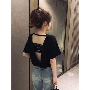 Áo Thun Nữ Tay Ngắn Hở Lưng Rộng Rãi Phong Cách Harajuku Mùa Hè 2022 in Chữ Cổ Tròn Bằng Polyester Thương Hiệu Inroulan