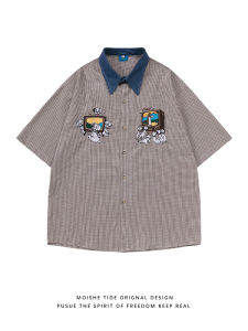 Retro Japanese Style Plaid Cartoon Dog Embroidery Short Sleeve Loose Casual Shirt for Men Summer Youth Fashion Sharp Collar