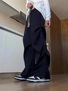 กางเกงขายาวทรงหลวมสไตล์อเมริกันสำหรับผู้ชาย สีดำ ทรงหลวม สไตล์สตรีท Pure Color กางเกงขายาวทรงลำลอง