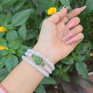 Q350 Chuỗi 3v Ngọc Agate Trắng 6li mix hồ ly Ngọc Bích Kim và Thuỷ - Phong Thuỷ TUDO P